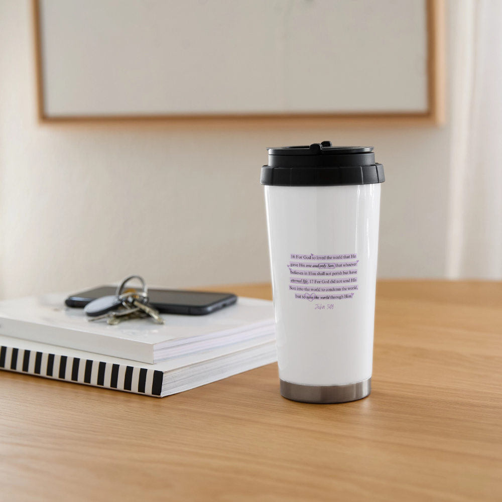John 3:16 Purple 16 oz Travel Mug - white