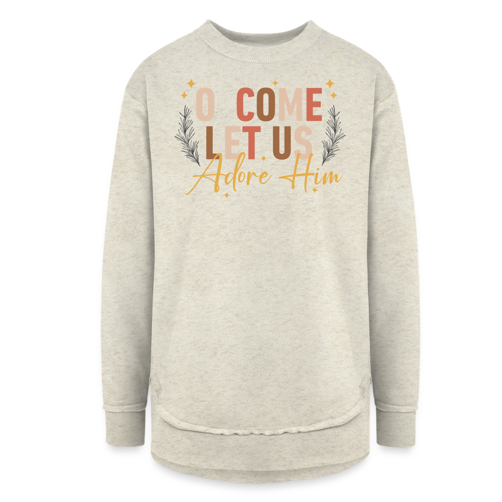 O Come Let us Adore Him Christmas Women's Tunic Sweater - heather oatmeal