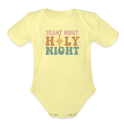 Silent Night Christmas Family Organic Short Sleeve Baby Bodysuit - washed yellow