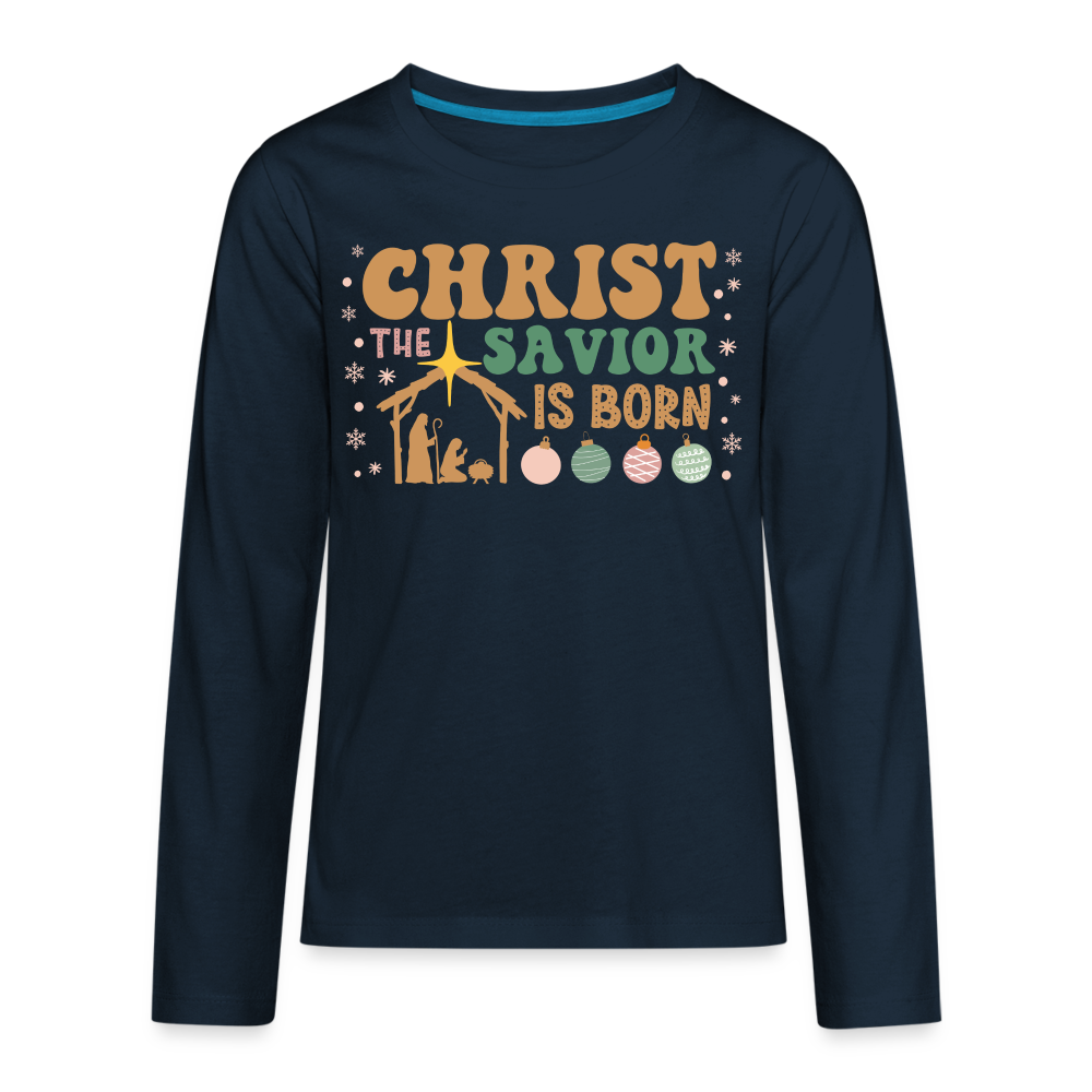 Christ the Savior is Born Christmas Family Kids' Premium Long Sleeve T-Shirt - deep navy