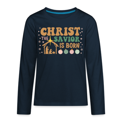 Christ the Savior is Born Christmas Family Kids' Premium Long Sleeve T-Shirt - deep navy