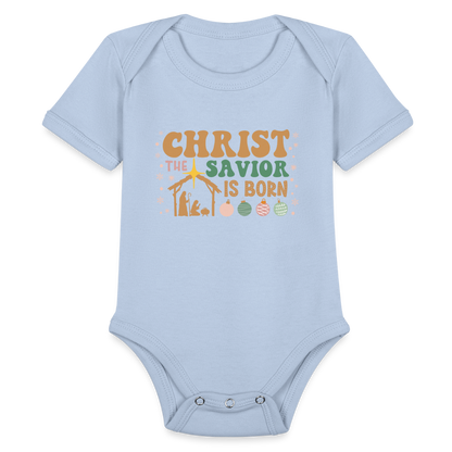 Christ the Savior is Born Christmas Family Organic Short Sleeve Baby Bodysuit - sky