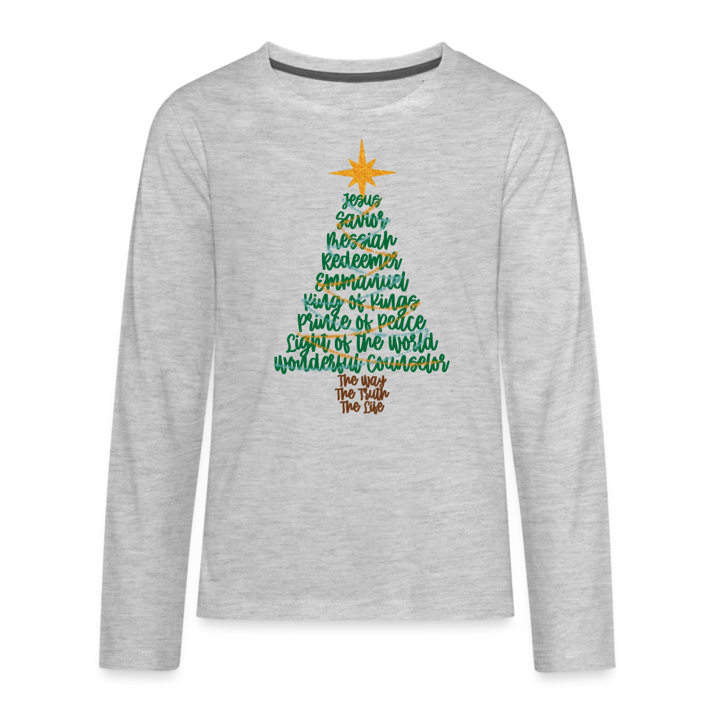 Names of Jesus Christmas Tree Kid's Long Sleeve Shirt - heather gray