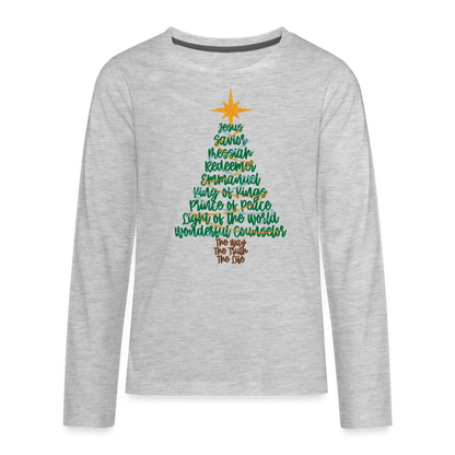 Names of Jesus Christmas Tree Kid's Long Sleeve Shirt - heather gray