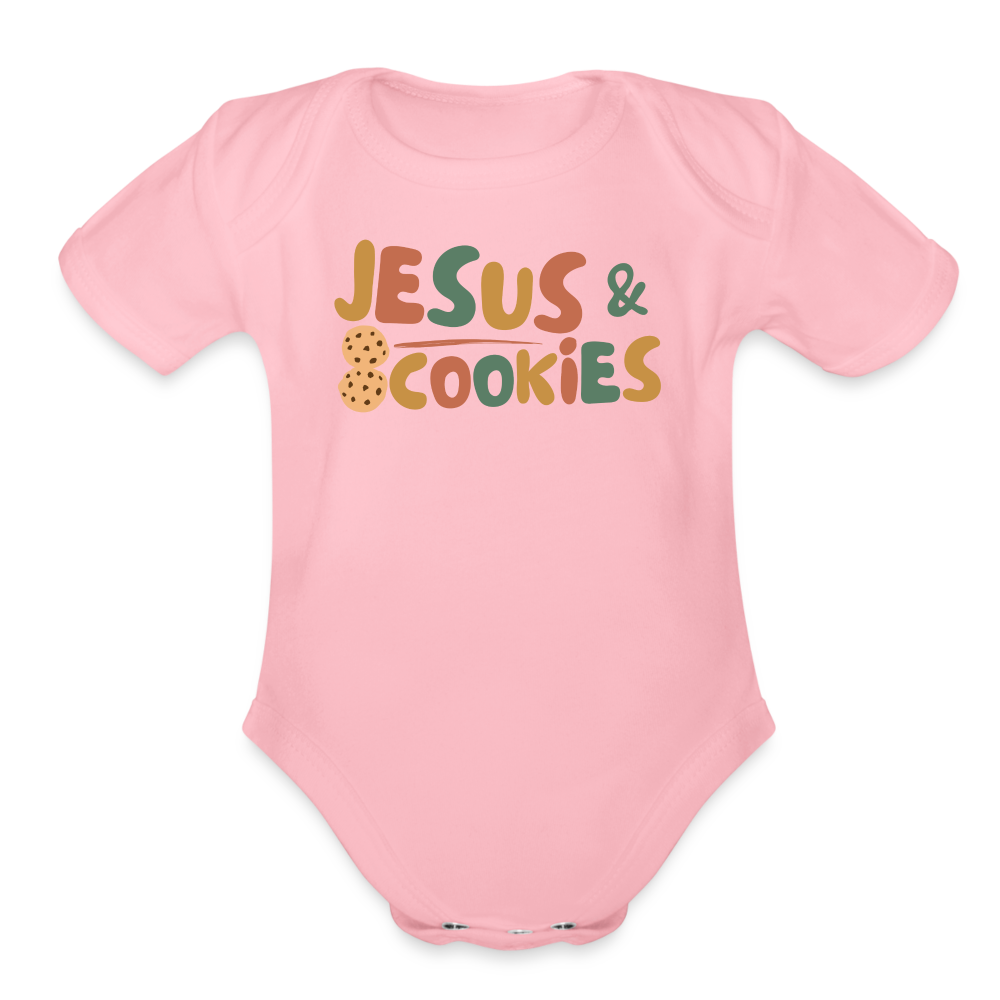 Jesus & Cookies Family Organic Short Sleeve Baby Bodysuit - light pink