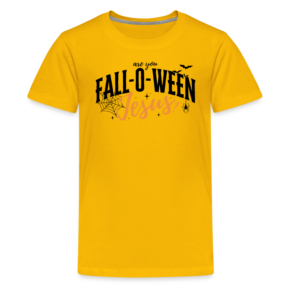 Are You Fall-O-Ween Jesus? Kid's Short Sleeve Shirt - sun yellow