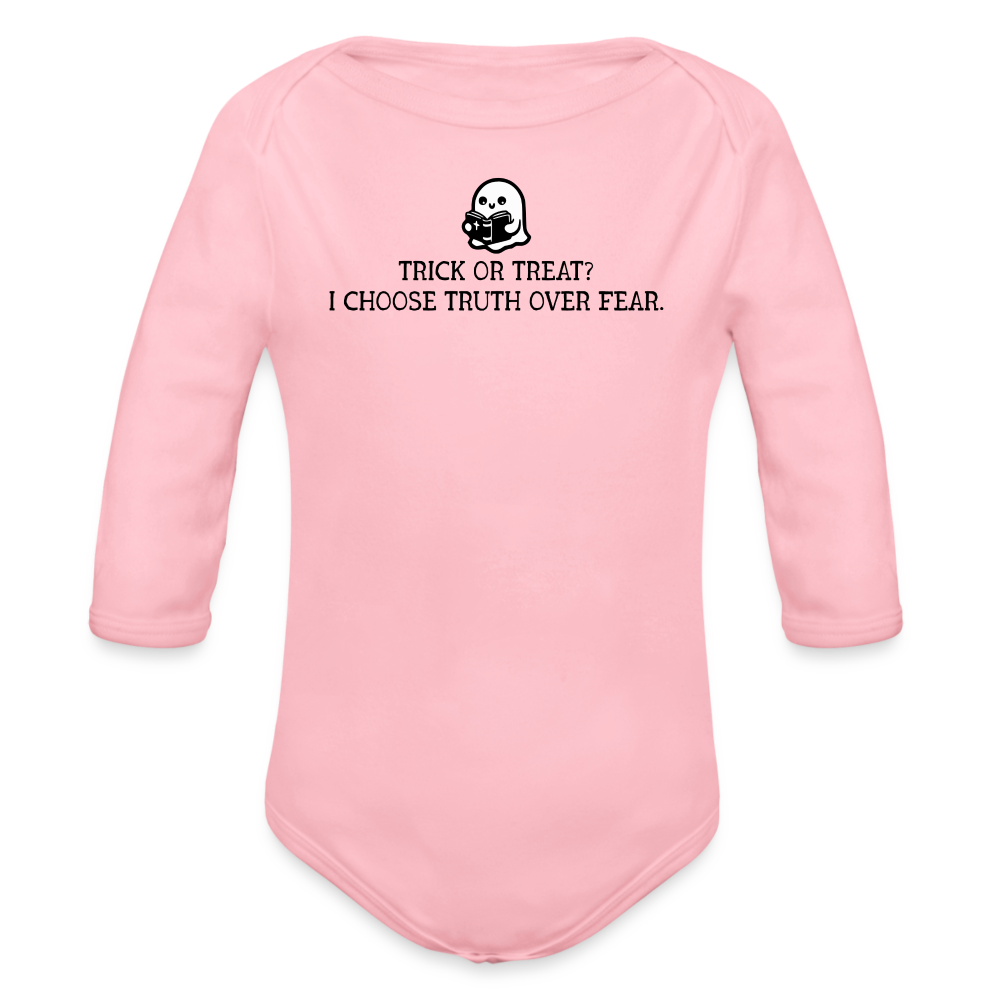 Trick or Treat I Choose Truth (Bible) Baby Long Sleeve Bodysuit - light pink