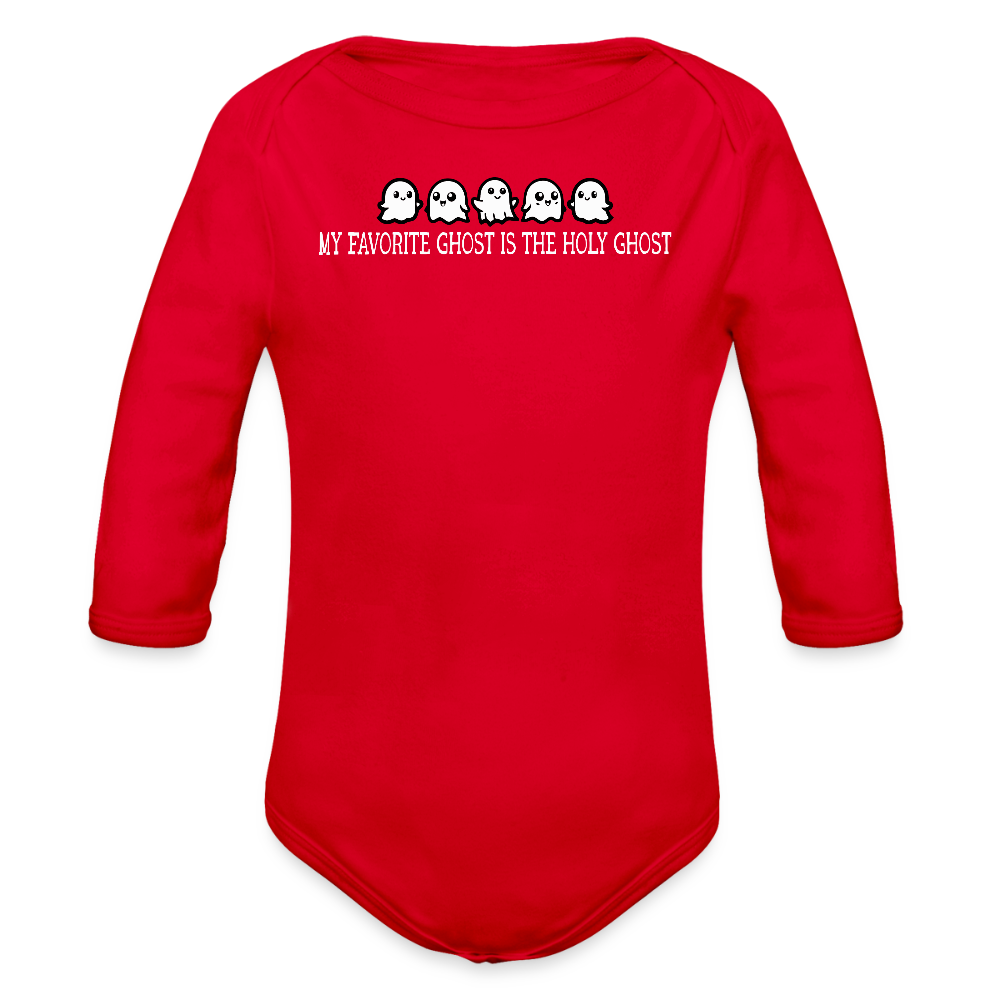 My Favorite Ghost is the Holy Ghost (W) Baby Long Sleeve Bodysuit - red