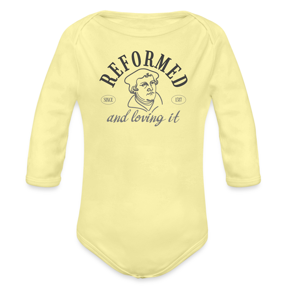 Reformed & Loving It Reformation Day Baby Long Sleeve Bodysuit - washed yellow