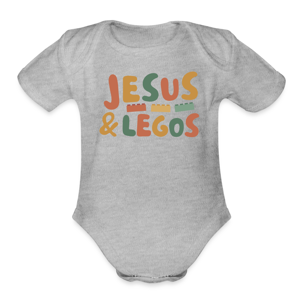 Jesus & Legos Family Organic Short Sleeve Baby Bodysuit - heather grey