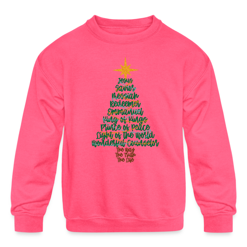 Names of Jesus Christmas Tree Kid's Long Sleeve Sweater - neon pink