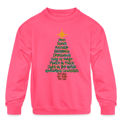 Names of Jesus Christmas Tree Kid's Long Sleeve Sweater - neon pink