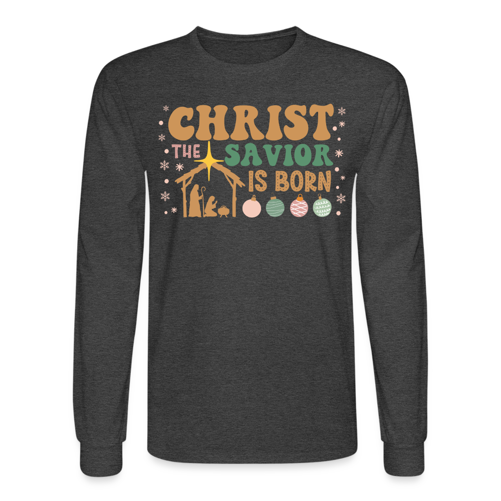 Christ the Savior is Born Christmas Family Men's Long Sleeve T-Shirt - heather black