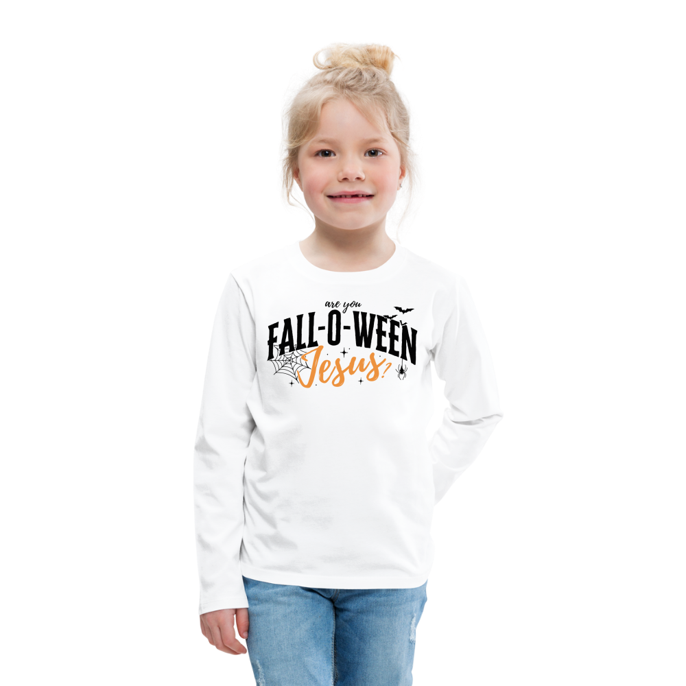 Are You Fall-O-Ween Jesus? Kid's Long Sleeve Shirt - white