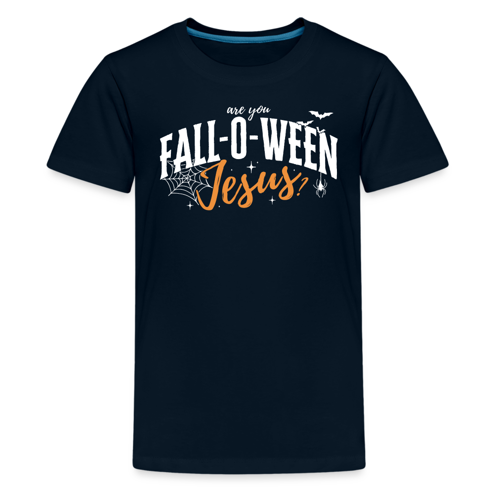 Are You Fall-O-Ween Jesus? (W) Kid's Short Sleeve Shirt - deep navy