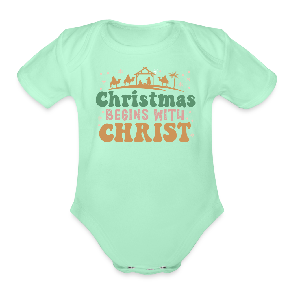 Christmas begins with Christ Family Organic Short Sleeve Baby Bodysuit - light mint