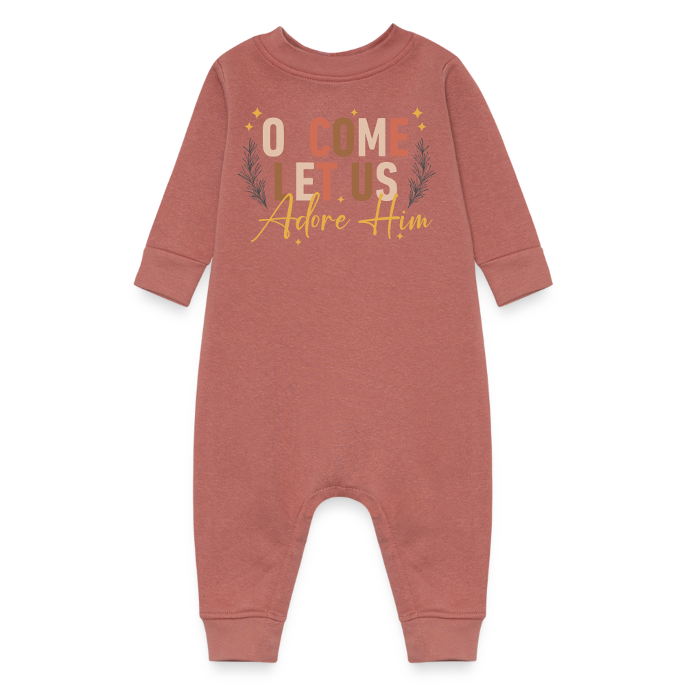 O Come Let us Adore Him Christmas Baby Fleece Long Sleeve Onesie - mauve