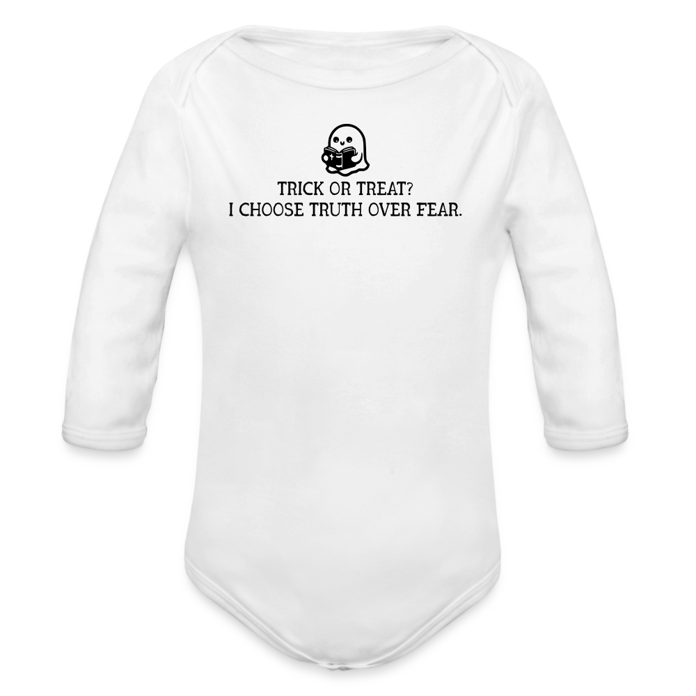 Trick or Treat I Choose Truth (Bible) Baby Long Sleeve Bodysuit - white