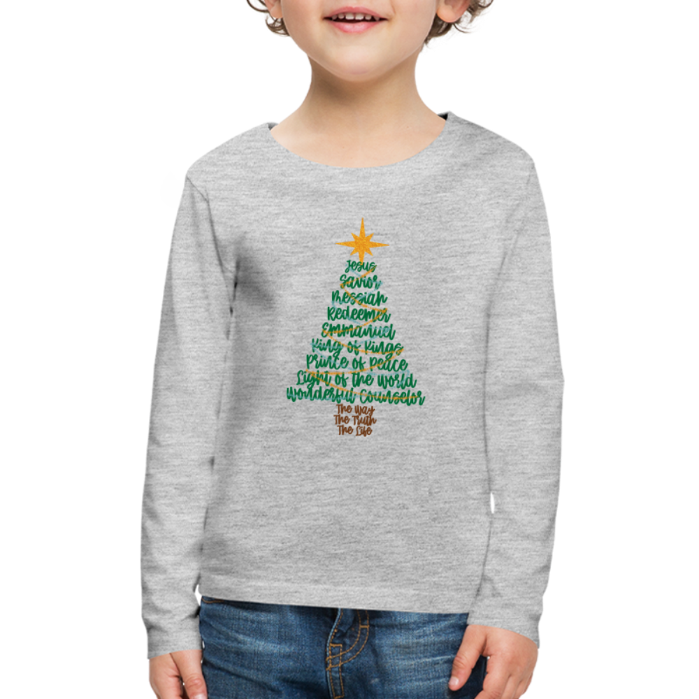 Names of Jesus Christmas Tree Kid's Long Sleeve Shirt - heather gray