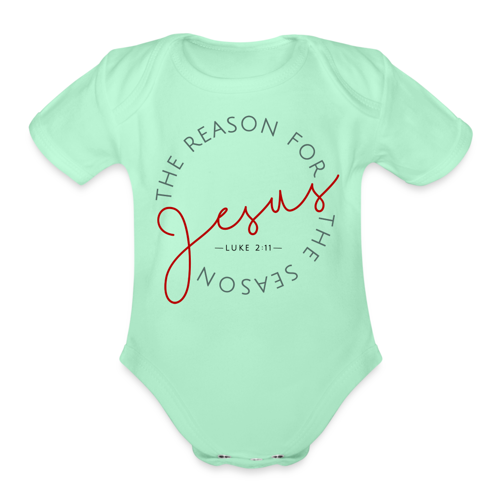 The Reason for the Season (Color) Christmas Family Organic Short Sleeve Baby Bodysuit - light mint