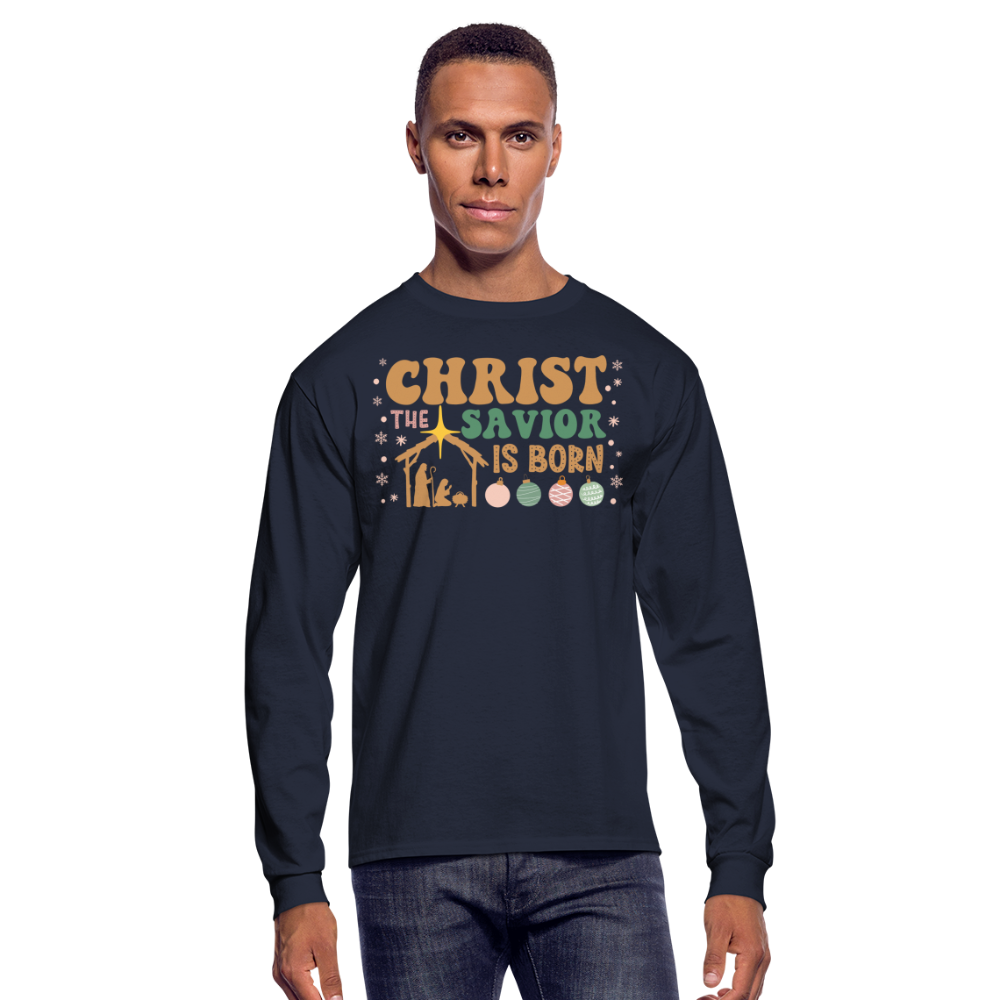 Christ the Savior is Born Christmas Family Men's Long Sleeve T-Shirt - navy