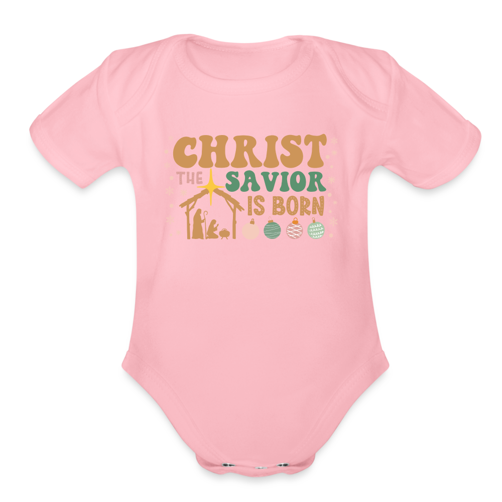 Christ the Savior is Born Christmas Family Organic Short Sleeve Baby Bodysuit - light pink