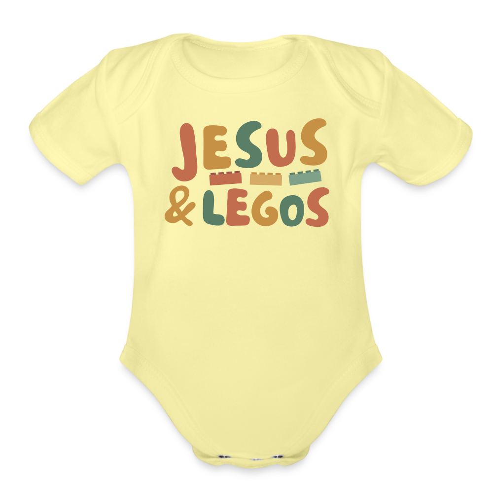 Jesus & Legos Family Organic Short Sleeve Baby Bodysuit - washed yellow