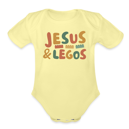 Jesus & Legos Family Organic Short Sleeve Baby Bodysuit - washed yellow