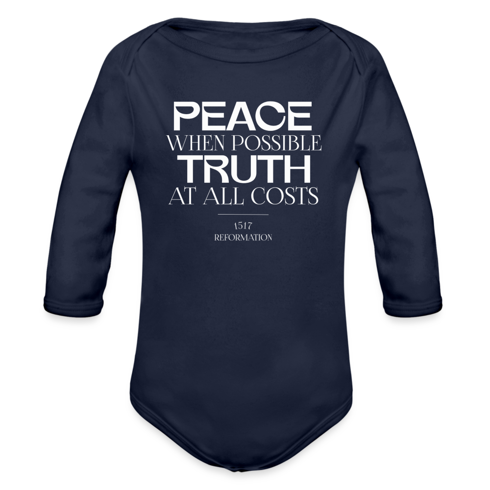 Peace when Possible Truth at All Costs Reformation Day (W) Baby Long Sleeve Onesie - dark navy