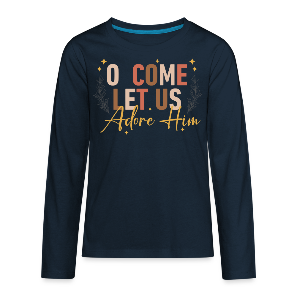 O Come Let us Adore Him Christmas Kid's Long Sleeve Shirt - deep navy