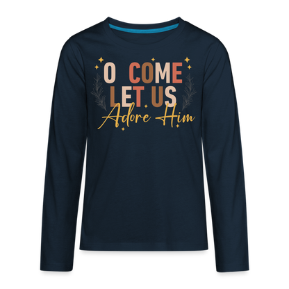 O Come Let us Adore Him Christmas Kid's Long Sleeve Shirt - deep navy