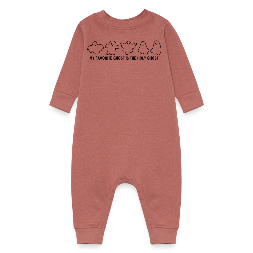 My Favorite Ghost is the Holy Ghost (B, Outline) Baby Fleece Bodysuit - mauve