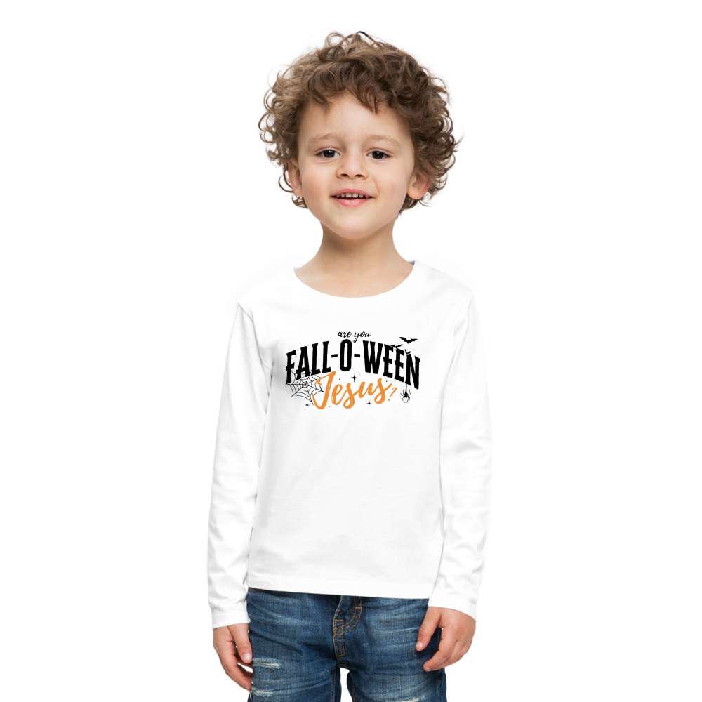 Are You Fall-O-Ween Jesus? Kid's Long Sleeve Shirt - white