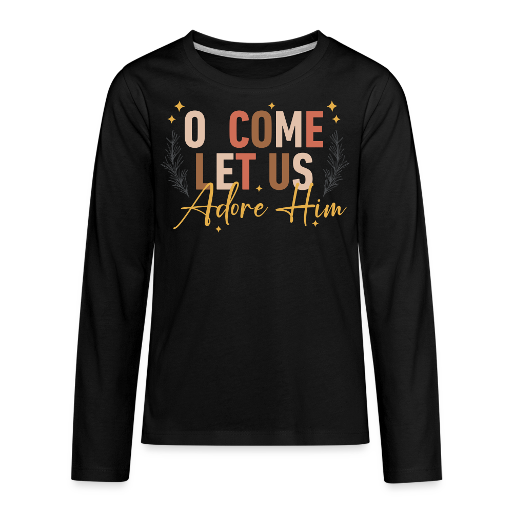 O Come Let us Adore Him Christmas Kid's Long Sleeve Shirt - black