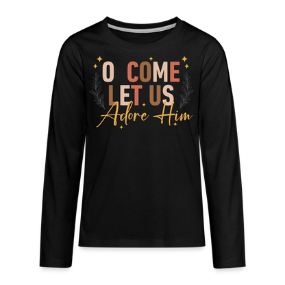 O Come Let us Adore Him Christmas Kid's Long Sleeve Shirt - black