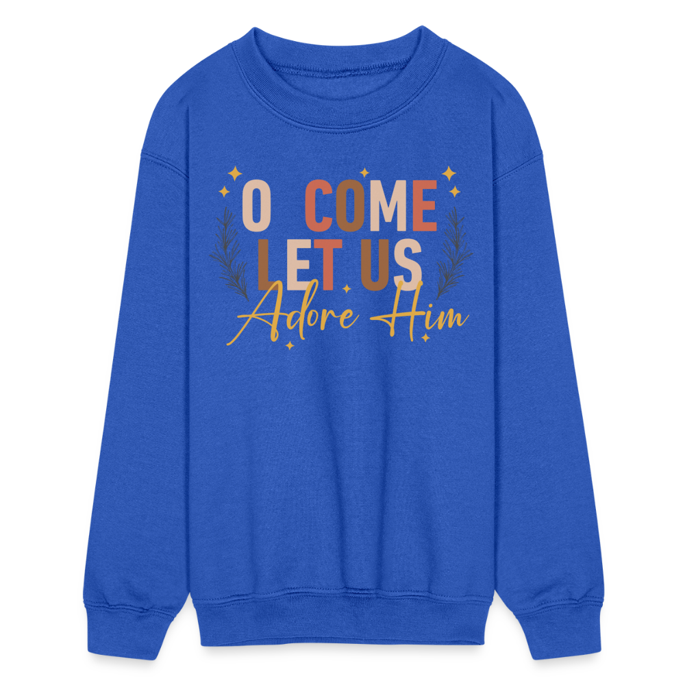 O Come Let us Adore Him Christmas Kid's Long Sleeve Sweater - royal blue