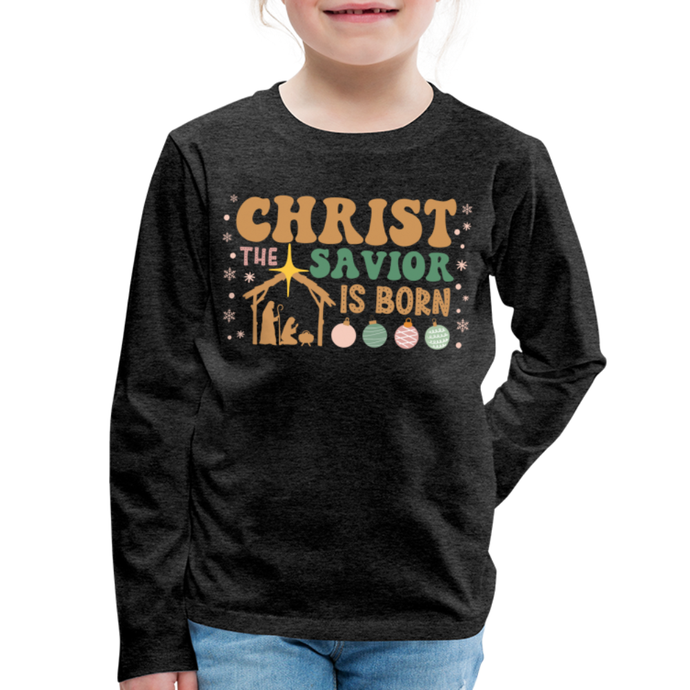 Christ the Savior is Born Christmas Family Kids' Premium Long Sleeve T-Shirt - charcoal grey