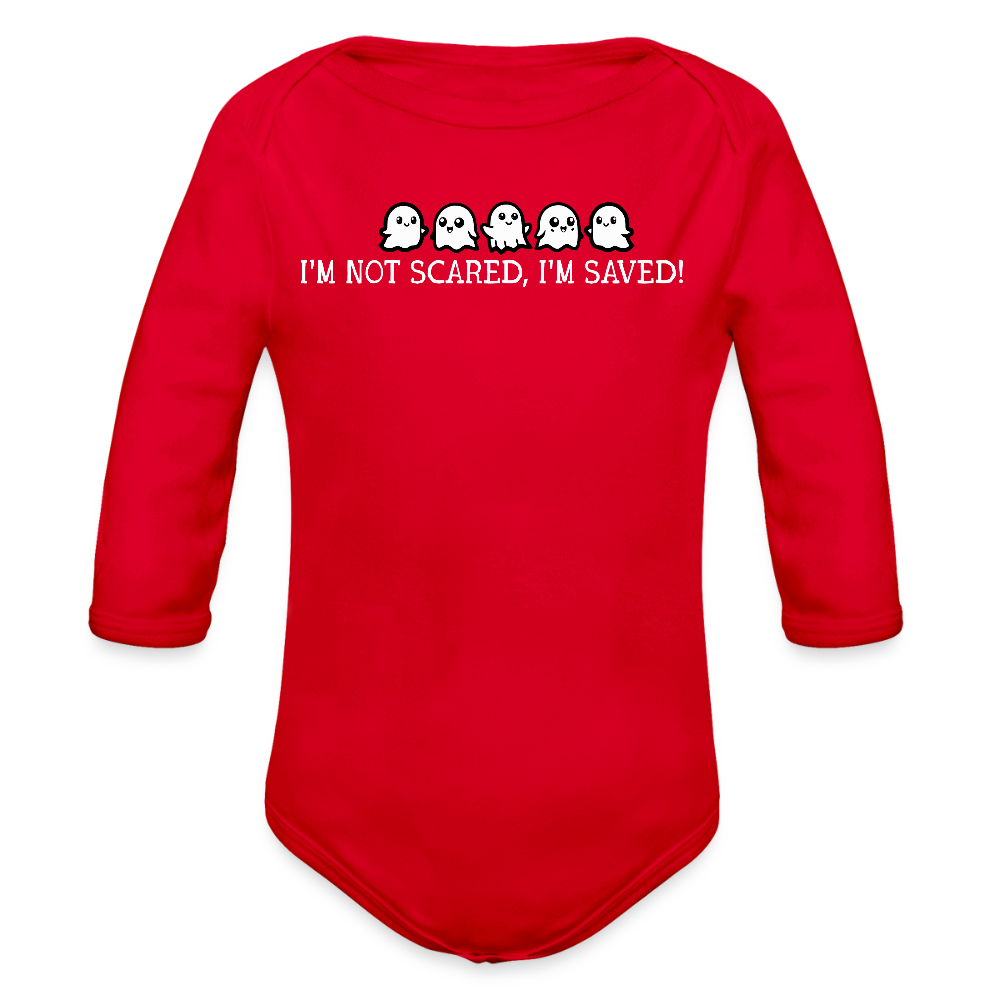 I'm Not Scared, I'm Saved (W) Baby Long Sleeve Bodysuit - red