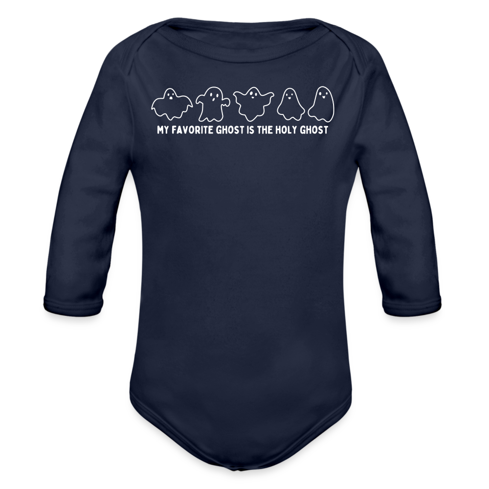 My Favorite Ghost is the Holy Ghost (Outline) Baby Long Sleeve Bodysuit - dark navy