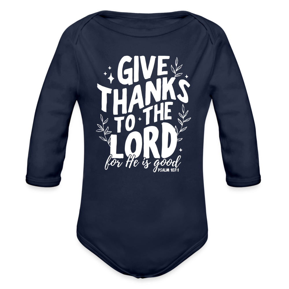 Give Thanks to the Lord Baby Long Sleeve Onesie - dark navy