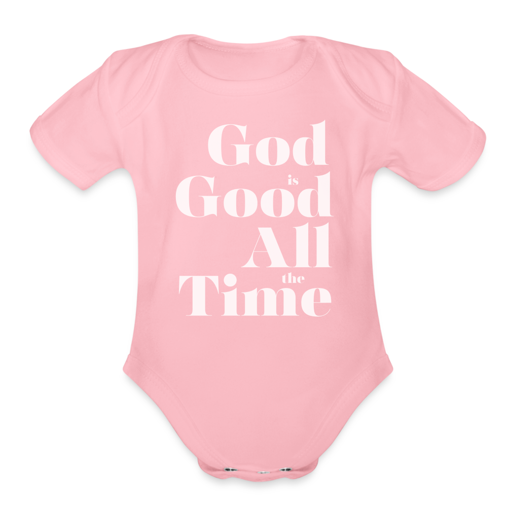 God is Good Organic Short Sleeve Baby Bodysuit - light pink