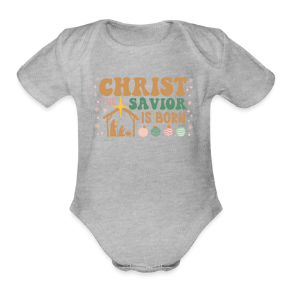 Christ the Savior is Born Christmas Family Organic Short Sleeve Baby Bodysuit - heather grey