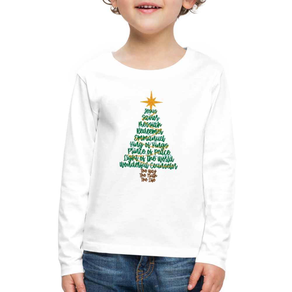 Names of Jesus Christmas Tree Kid's Long Sleeve Shirt - white