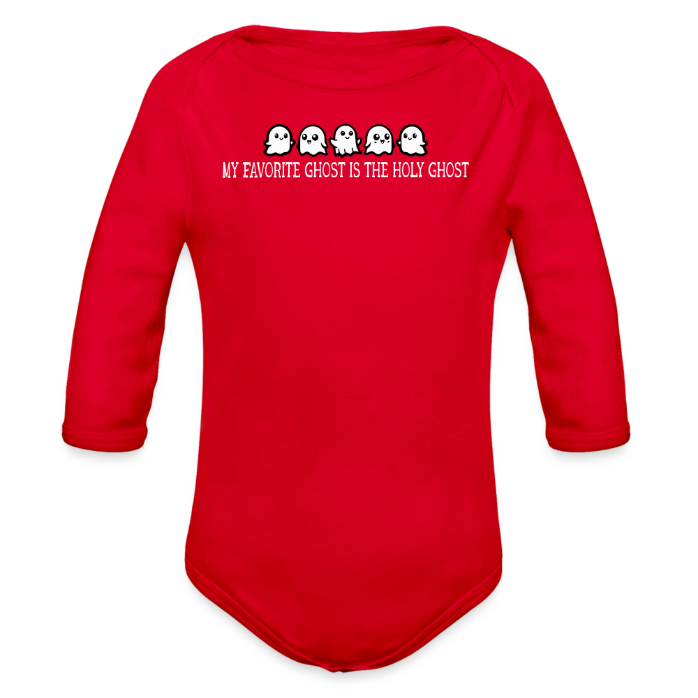 My Favorite Ghost is the Holy Ghost (W) Baby Long Sleeve Bodysuit - red