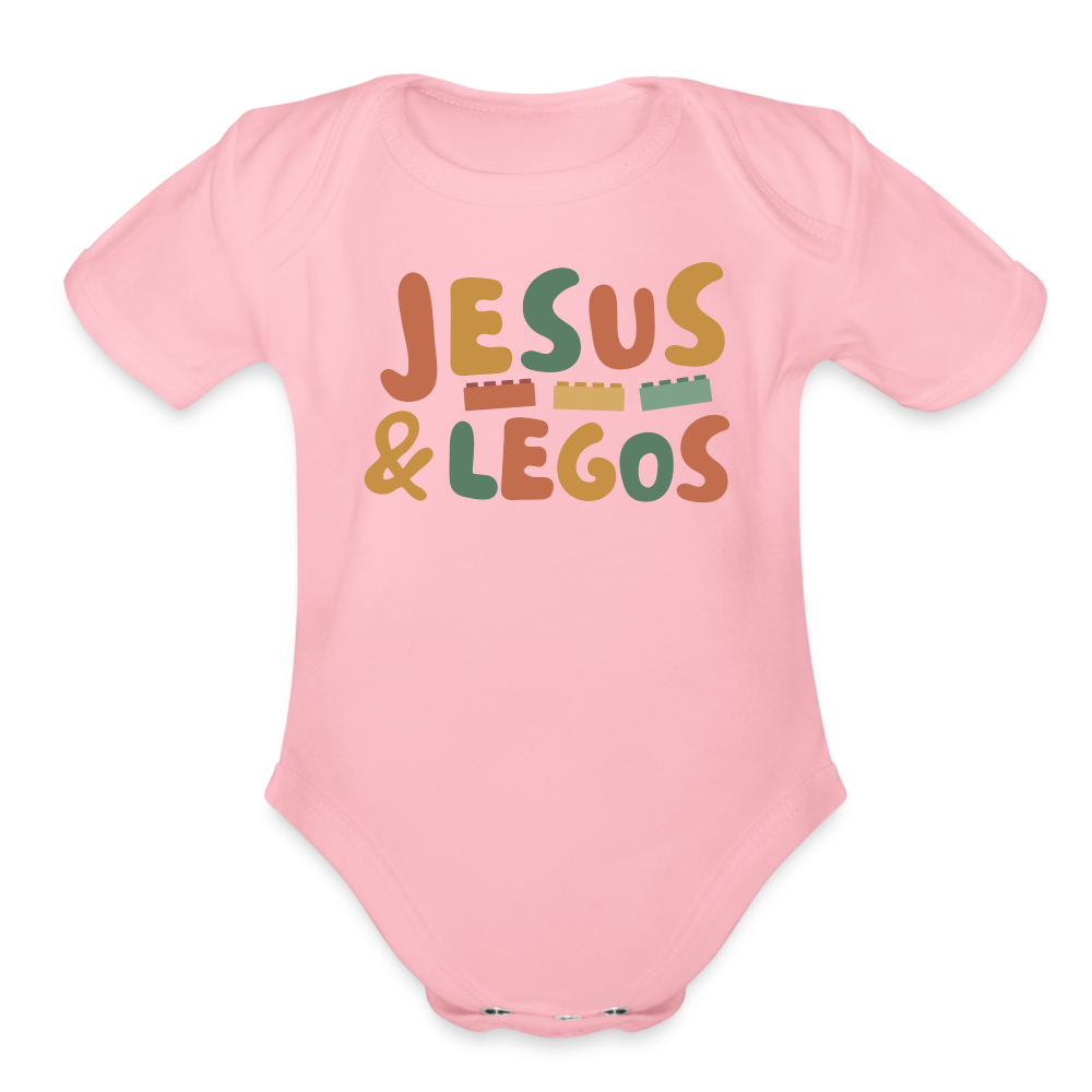 Jesus & Legos Family Organic Short Sleeve Baby Bodysuit - light pink