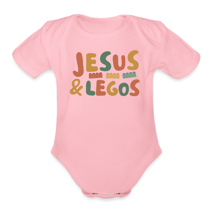 Jesus & Legos Family Organic Short Sleeve Baby Bodysuit - light pink