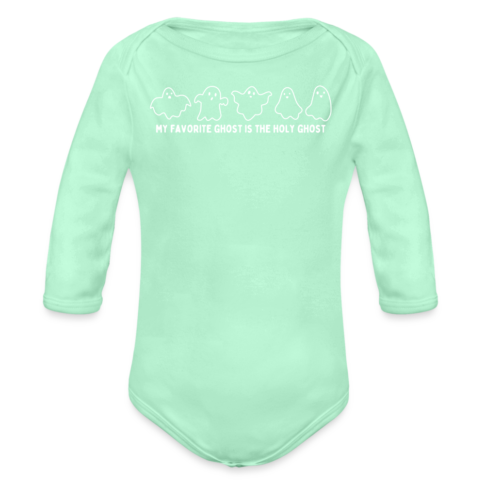 My Favorite Ghost is the Holy Ghost (Outline) Baby Long Sleeve Bodysuit - light mint