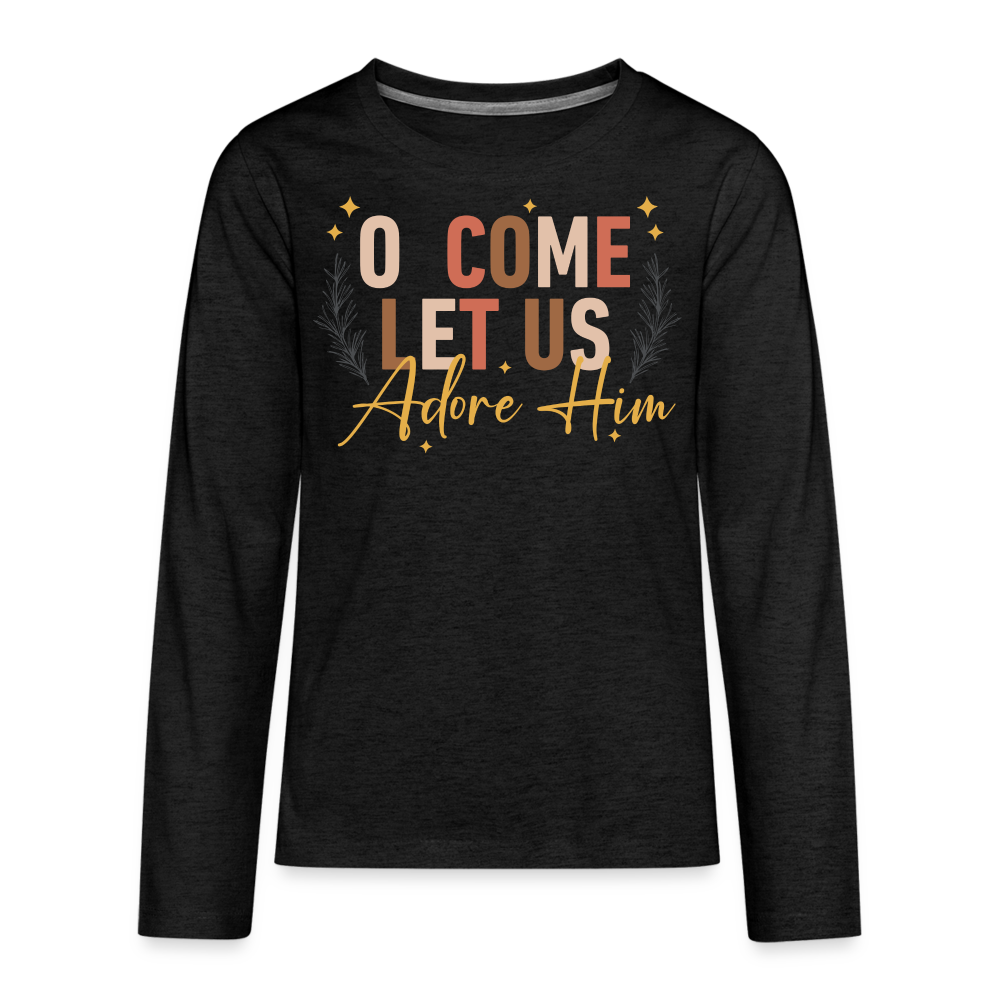 O Come Let us Adore Him Christmas Kid's Long Sleeve Shirt - charcoal grey