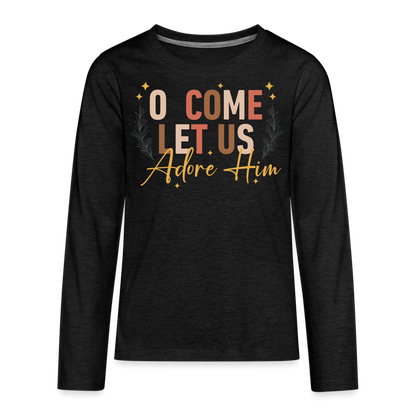 O Come Let us Adore Him Christmas Kid's Long Sleeve Shirt - charcoal grey