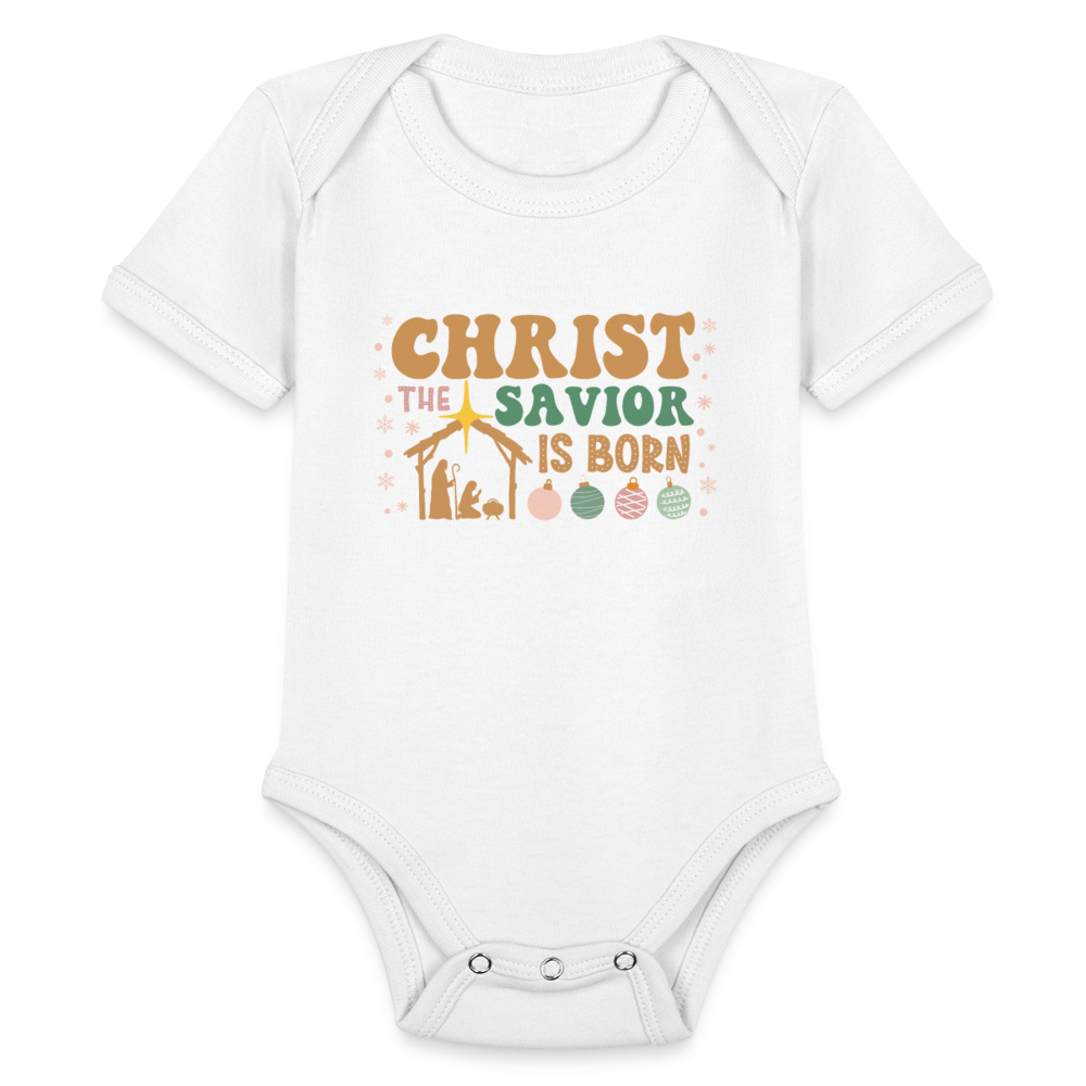 Christ the Savior is Born Christmas Family Organic Short Sleeve Baby Bodysuit - white